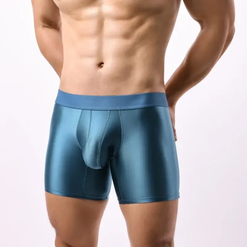 Bright Silky Smooth Underwear Men Stretch Satin Seamless Long Leg Boxer Shorts Bugle Pouch Sport Underpant Club Party Lingerie