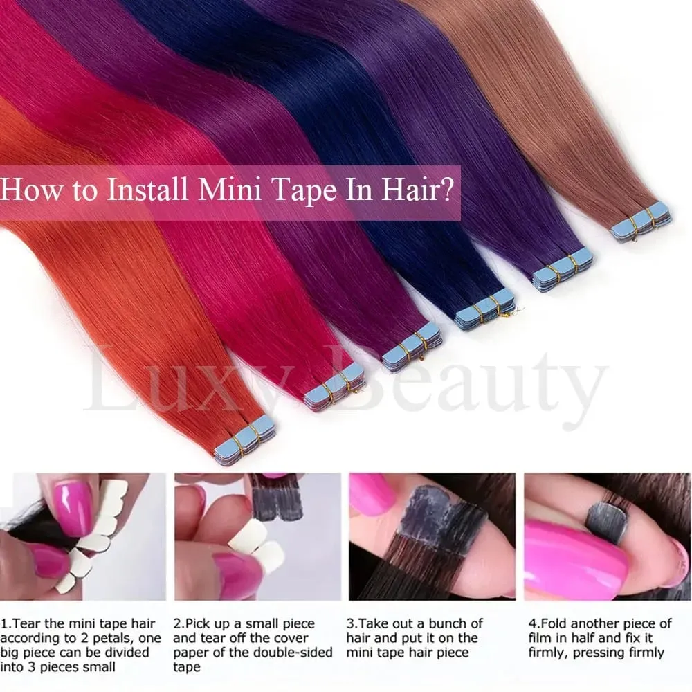 Colored Pink Mini Tape in Human Hair Extensions Invisible Seamless Tape in Hair 10pcs Pink Red Green Purple Blue Mini Tape Hair — image 7