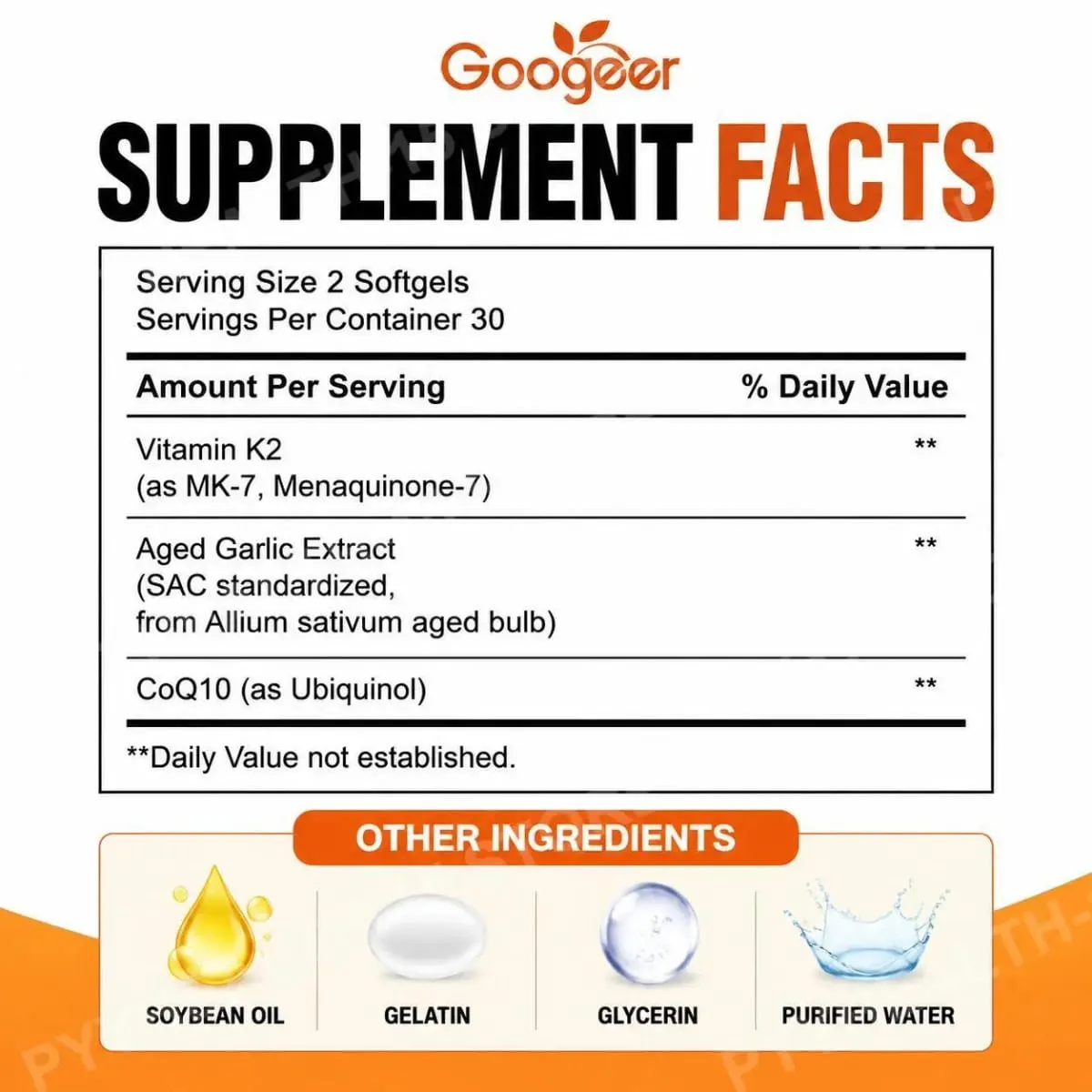 Googeer Aged Odorless Garlic Softgels with CoQ10 Ubiquinol Vitamin K2 MK-7 Heart Circulation Energy Immune Support 60 Count