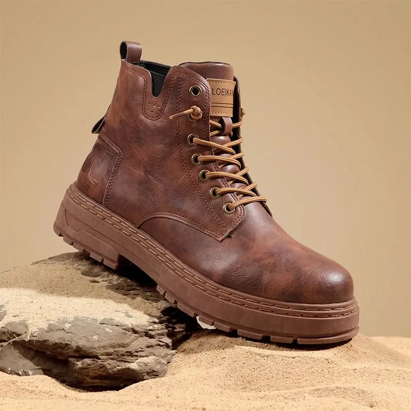 Men High‑top Casual Boots Faux Leather Lace‑up Thick Non‑slip Block Sole Stitched Detail For Urban Street Daily Outing — image 5