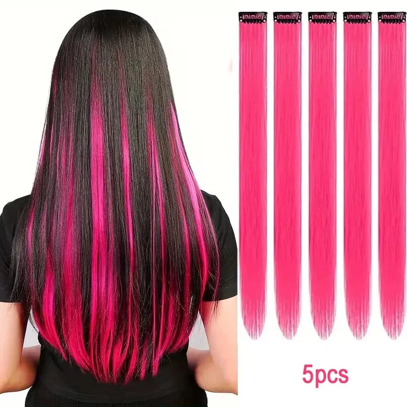 22Inch Synthetic Long Straight 5pcs Clip in Hair Extension Colored Rainbow Hairpieces for Women Daily Use