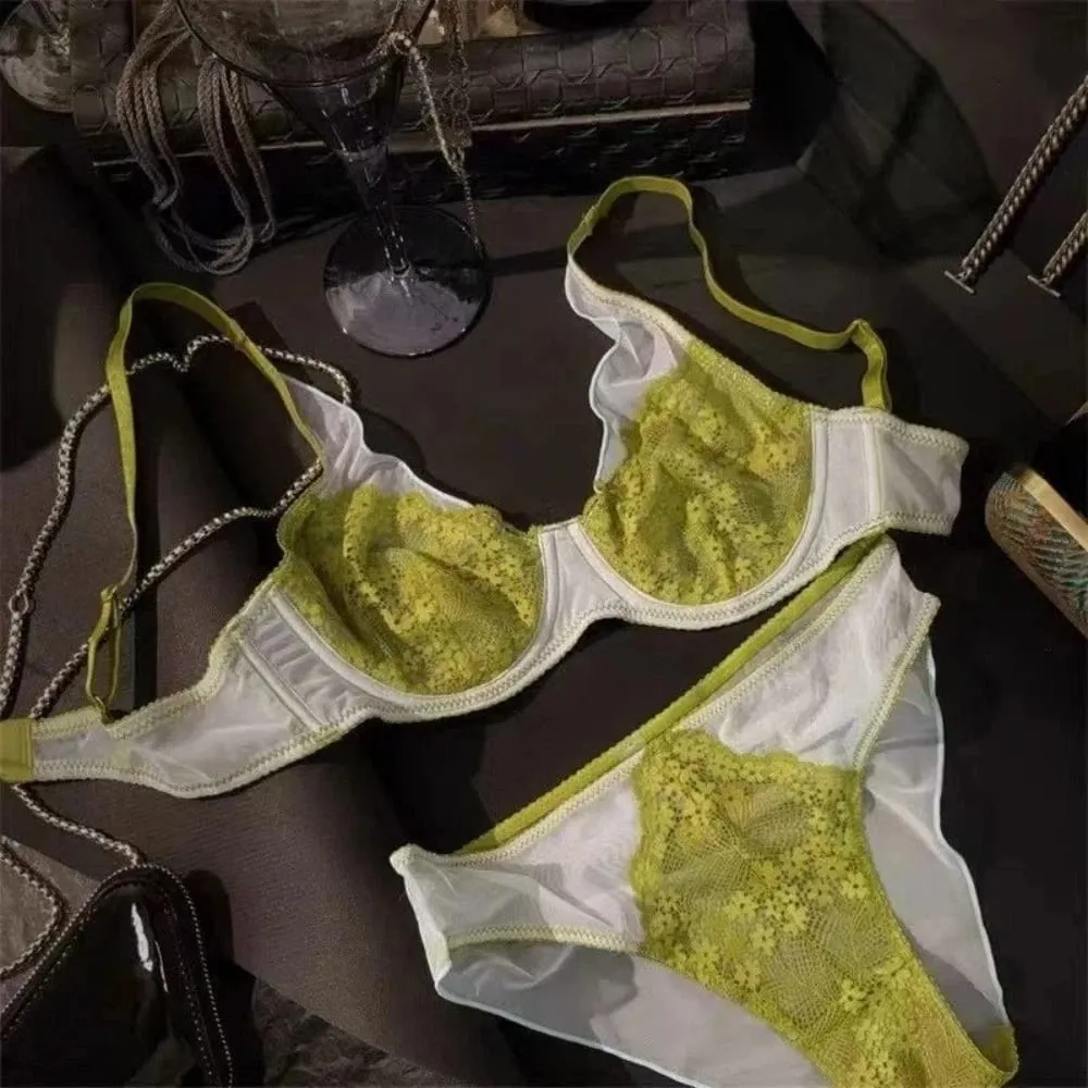 French Vintage Mesh Lace Flower Bra Set Lingerie Brassiere Mesh Bra Panties Kit Thin Underwear Push Up Bra Women Girl