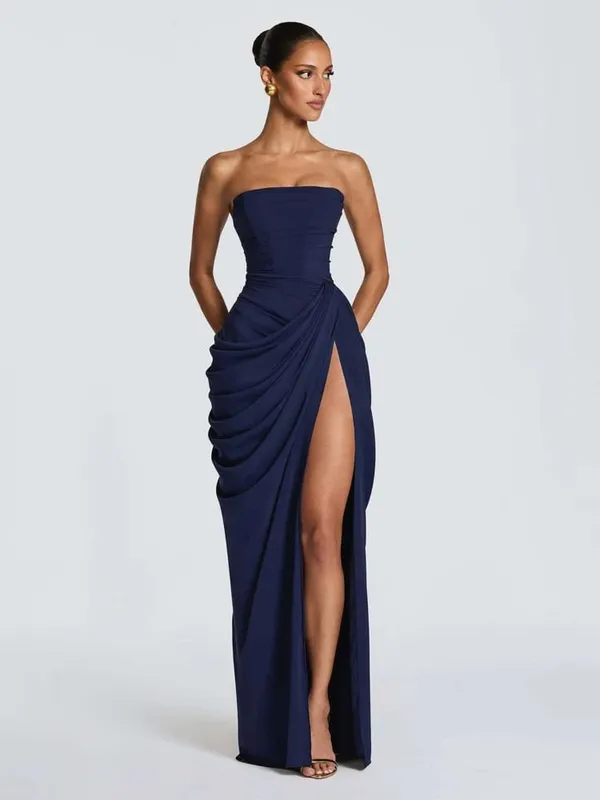 Elegant Yellow Strapless Pleated Long Dress Women Chic Solid Sleeveless Waist Cinching Split Gown 2026 Lady Evening Party Robes — image 9