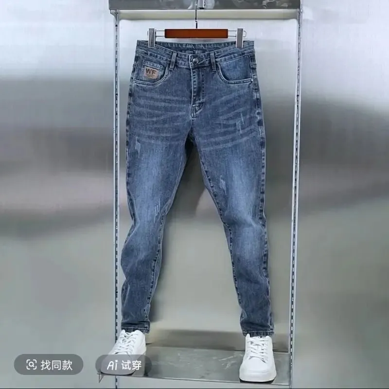 New Men's Jeans Slim-fitting Small Feet High-end Blue-gray Washed Casual Blue Long Slim Fit Work Stretch Cowboy Man Pants — image 2