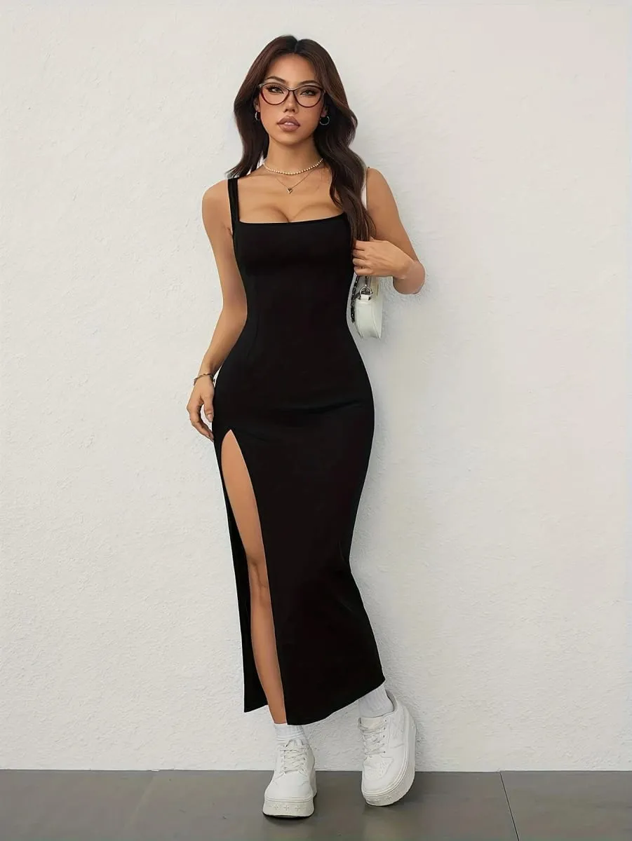 Women's Spring/Summer Sexy Elegant Square Neck Off-Shoulder Backless Split Hip Strappy Dress
