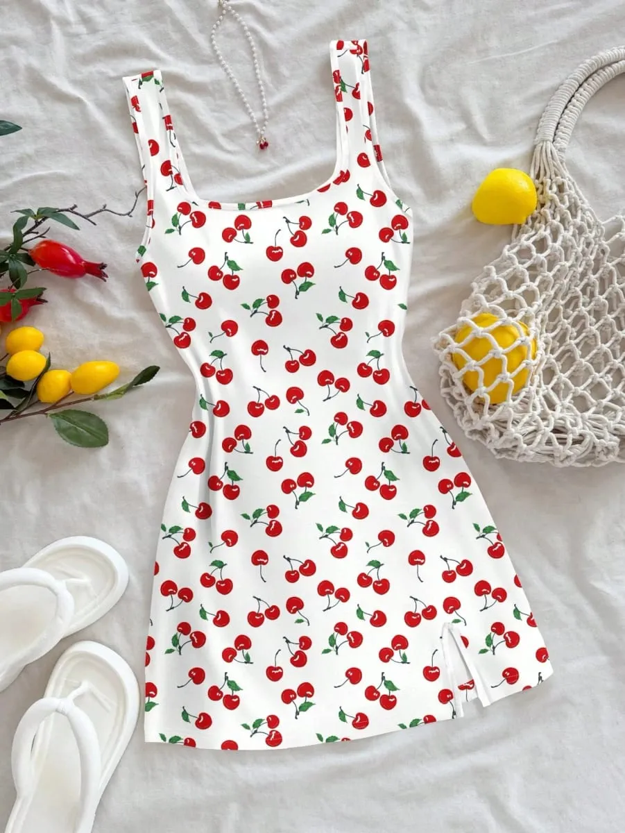 Women's Sexy Vacation Style U-Neck Cherry Print Open Back Side Slit Mini Dress for Spring/Summer — image 1