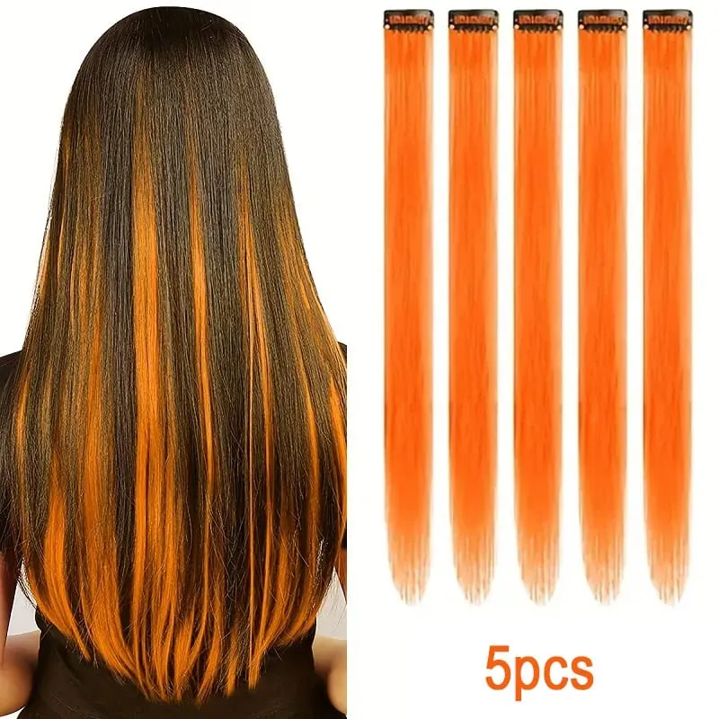 22Inch Synthetic Long Straight 5pcs Clip in Hair Extension Colored Rainbow Hairpieces for Women Daily Use