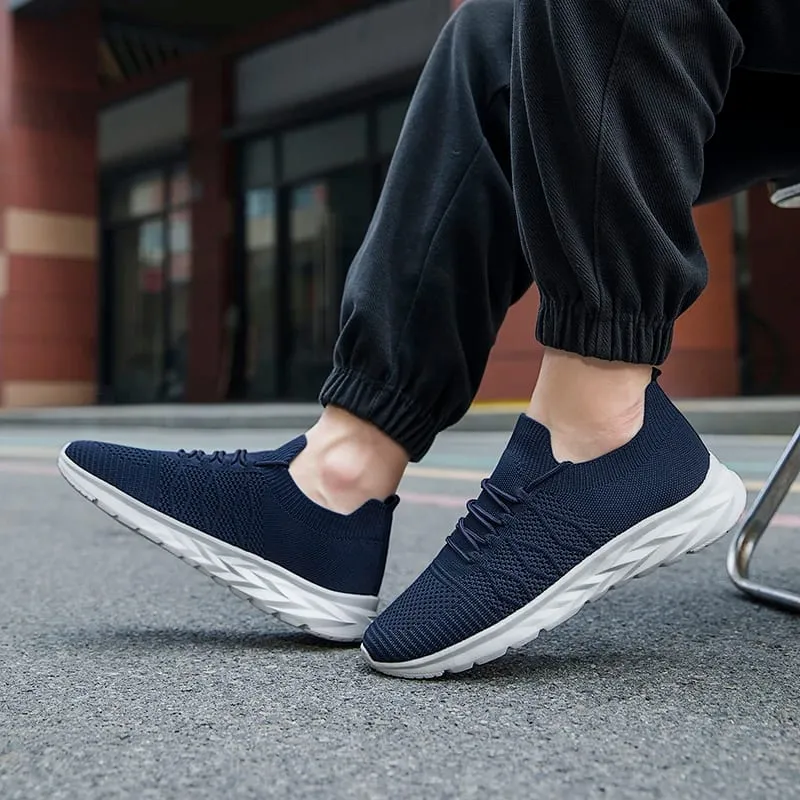 Men's Mesh Knit Walking Shoes No-Tie Elastic Slip-On Sneakers Breathable Lightweight Casual Athletic Shoes