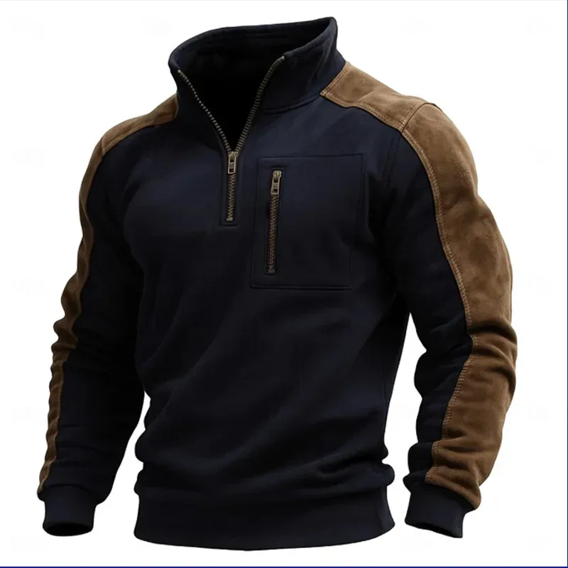 Autumn Winter New Men's Stand Collar Pullover Sweatshirts Fashion Patchwork Sports Tops Male Casual Streetwear Pull On Hoodie — image 1