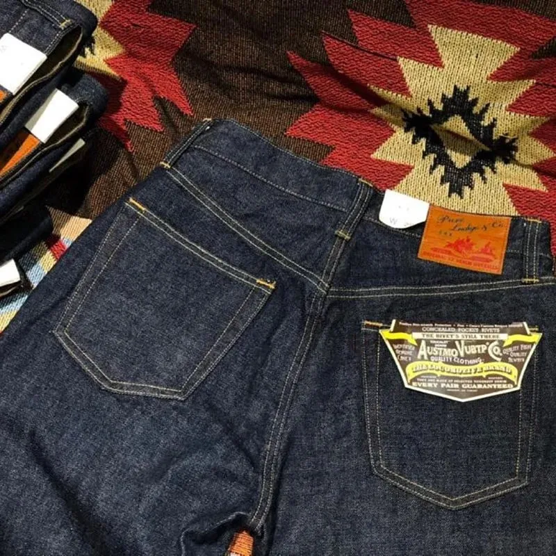 14oz 100% Cotton Heavyweight Sakura Red Selvedge Washed Desized Denim Jeans Loose Straight American Retro Amekaji Workwear Pants