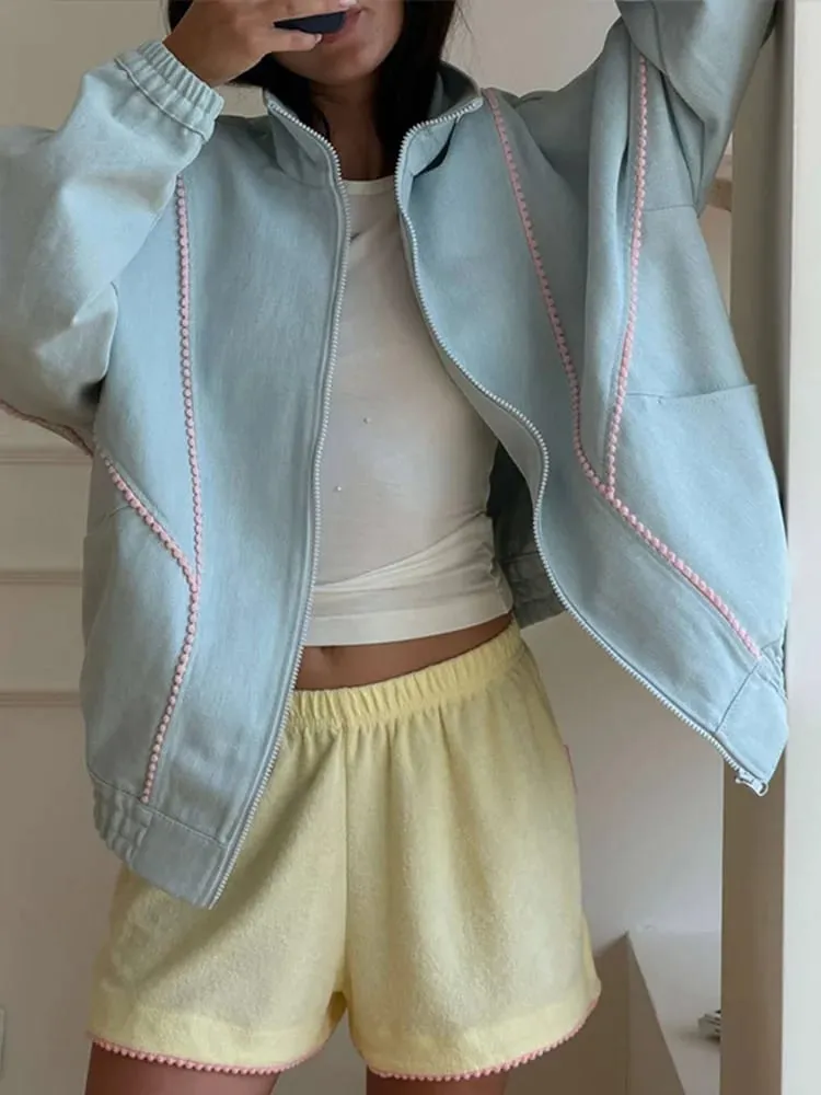 Polka Dot Cropped Windbreaker Jacket Contrast Pink Seam Piping Side Pockets Loose Outerwear 2026 Autumn Street Daily Lady Coat