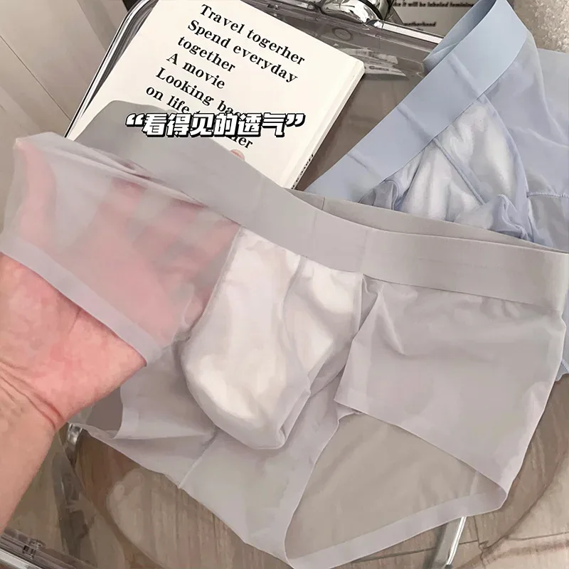 Slips transparents pour hommes Ultra-mince en soie glacée culotte à séchage rapide Sexy U poche bombée sous-vêtements pour hommes caleçons respirants Cuecas