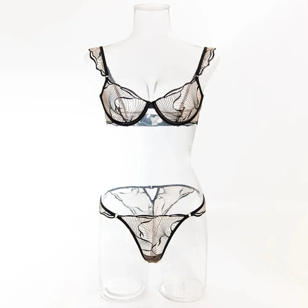 Ultra Thin French Floral Lace Bra Set Women Hollow Embroidery Minimizer Brassiere Soft Breathable Daily Lingerie 32-38ABC セクシーな