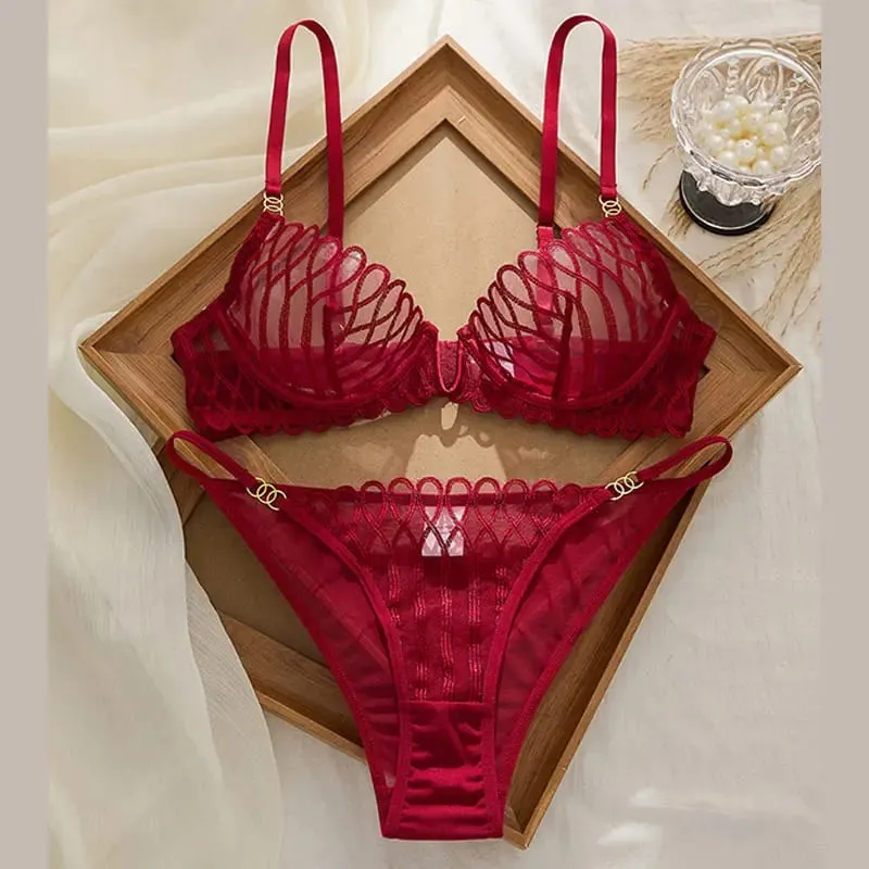 New Lace Transparent Lingerie Set Sexy Hot V Neck Anti Sagging Breathable Bra Panty Ensemble Fashion Daily Women Clothes Supply — image 6