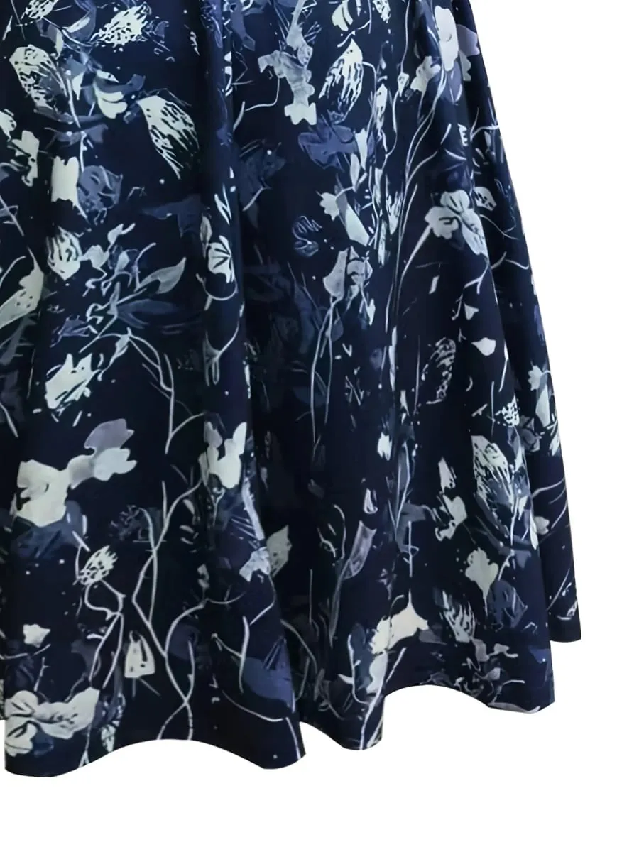 Elegant Floral Printed V-Neck Mid-Length Pocket Dress Polyester Blends for Spring Summer Autumn Three Season Women's Dress — image 5