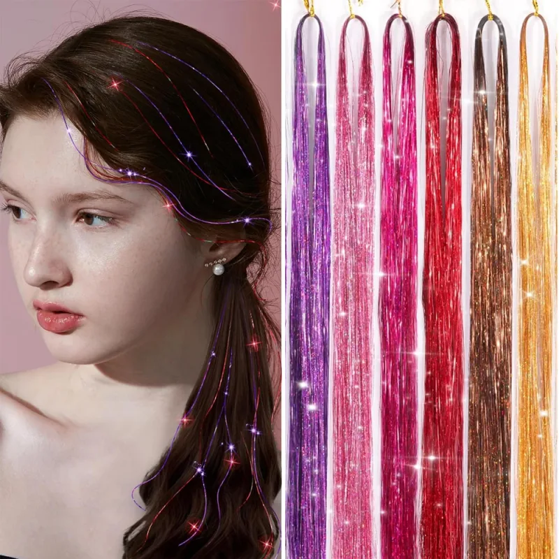 6Pcs/set Sparkle Shiny Hair Tinsel Hair Extensions Dazzles Women Hippie for Braiding Headdress Hair Braiding Tools Long 60cm