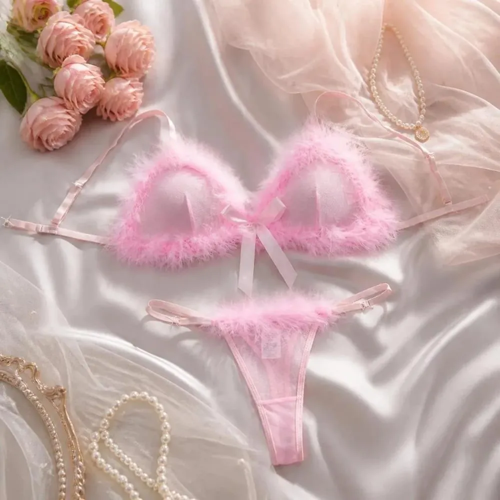 Christmas Furry Women's Underwear Mesh Transparent Bow Decor Lingerie Set Romantic Intimate Wireless Bra Panties Suit Christmas