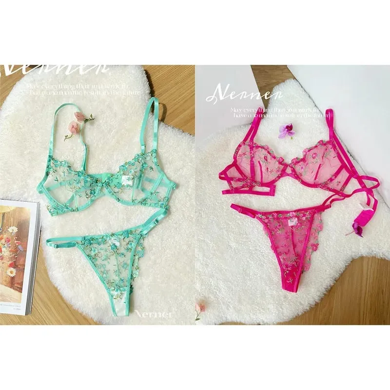 Transparent Floral Lace Embroidery Bra Set Summer Thin Minimizer Underwear Soft Breathable Full Bust Female Home Daily Wear S-XL — image 15
