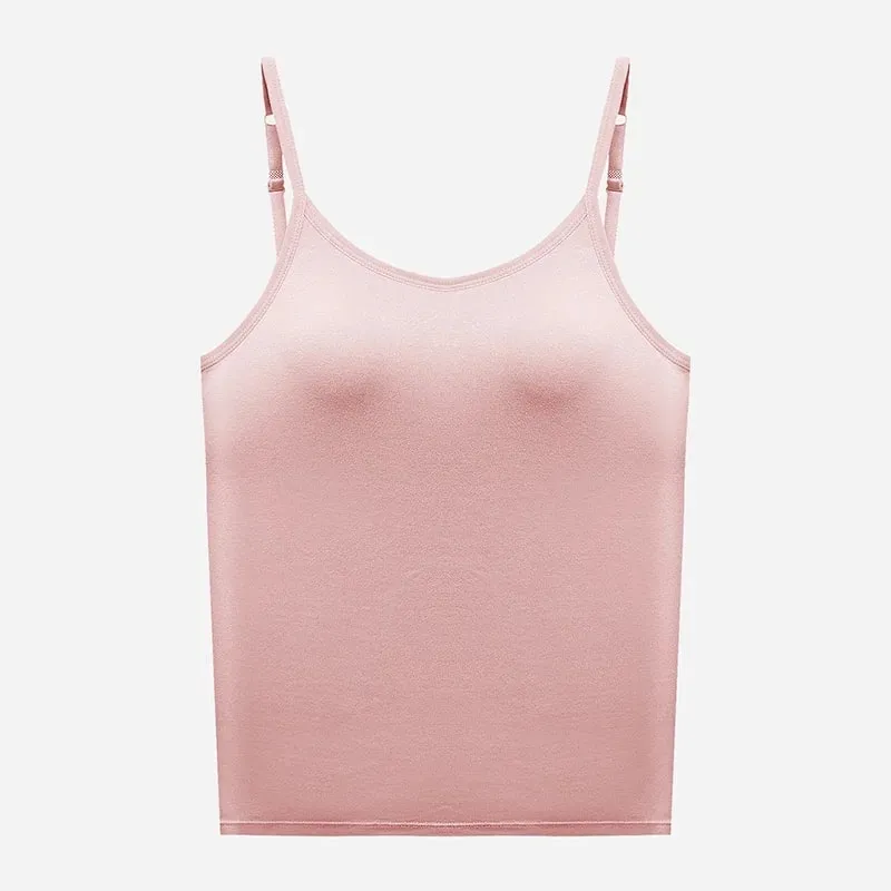 1pcs Girls Basic Solid Vest Female Casual Sleeveless Strap Top Four Season Traceless Women Tank Tops With Padded Cups Vests