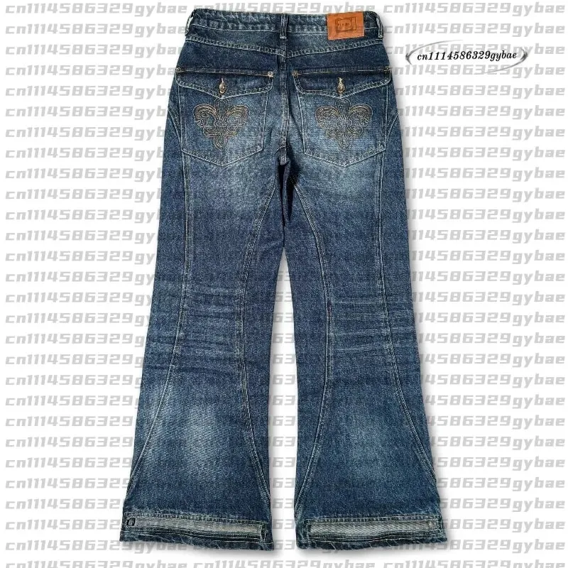 2026 Y2K Retro Blue Flare Jeans Unisex Washed Denim Pants Embroidered Back Pocket Streetwear Wide Leg Bootcut Jeans — image 3