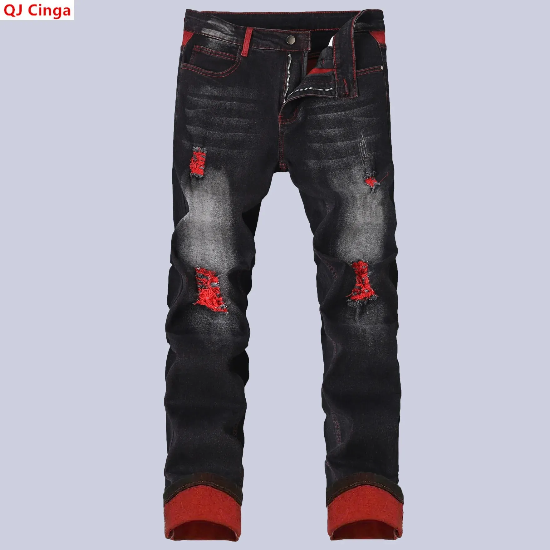 Men's Black Stretch Jeans for Spring and Fall Denim Pants with Red Ripped Details Asian Sizes 28–42.