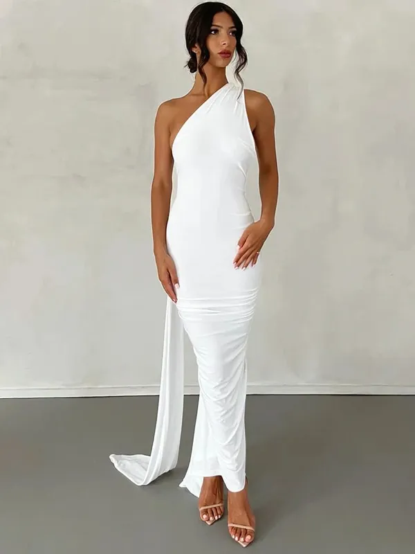 Hugcitar Eine Schulter, rückenfrei, verstellbar, mit Schal, Schleife, gerafft, sexy Maxikleid, 2025, Damen, elegantes Y2K-Streetwear-Festival-Outfit
