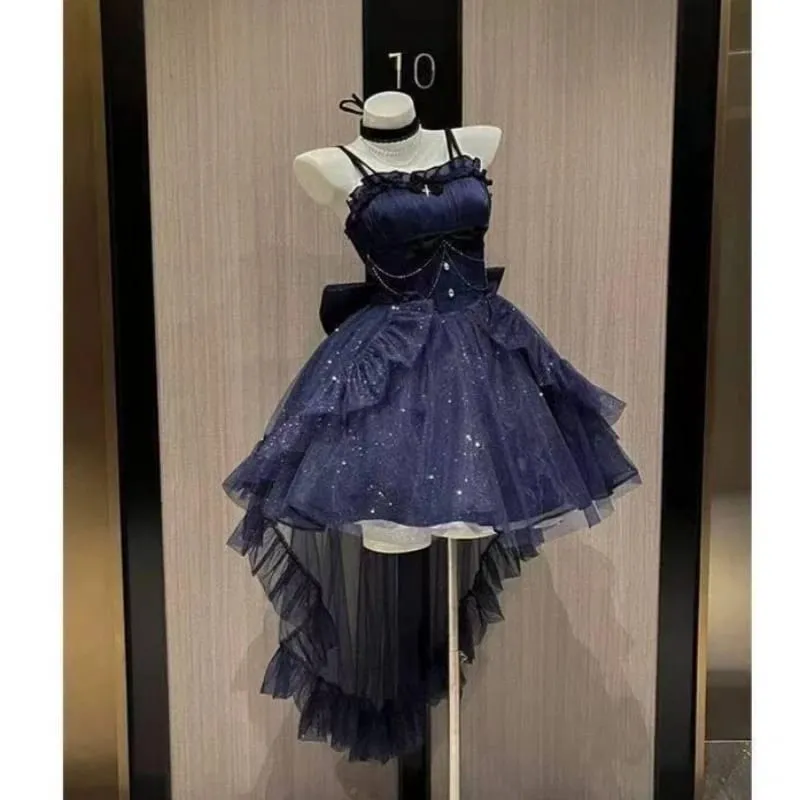 Gothic Red Lolita JSK Dress Women Spaghetti Strap Ruffle Tulle Skirt Chain Bow Decor High Low Hem Vintage Princess Party Dress