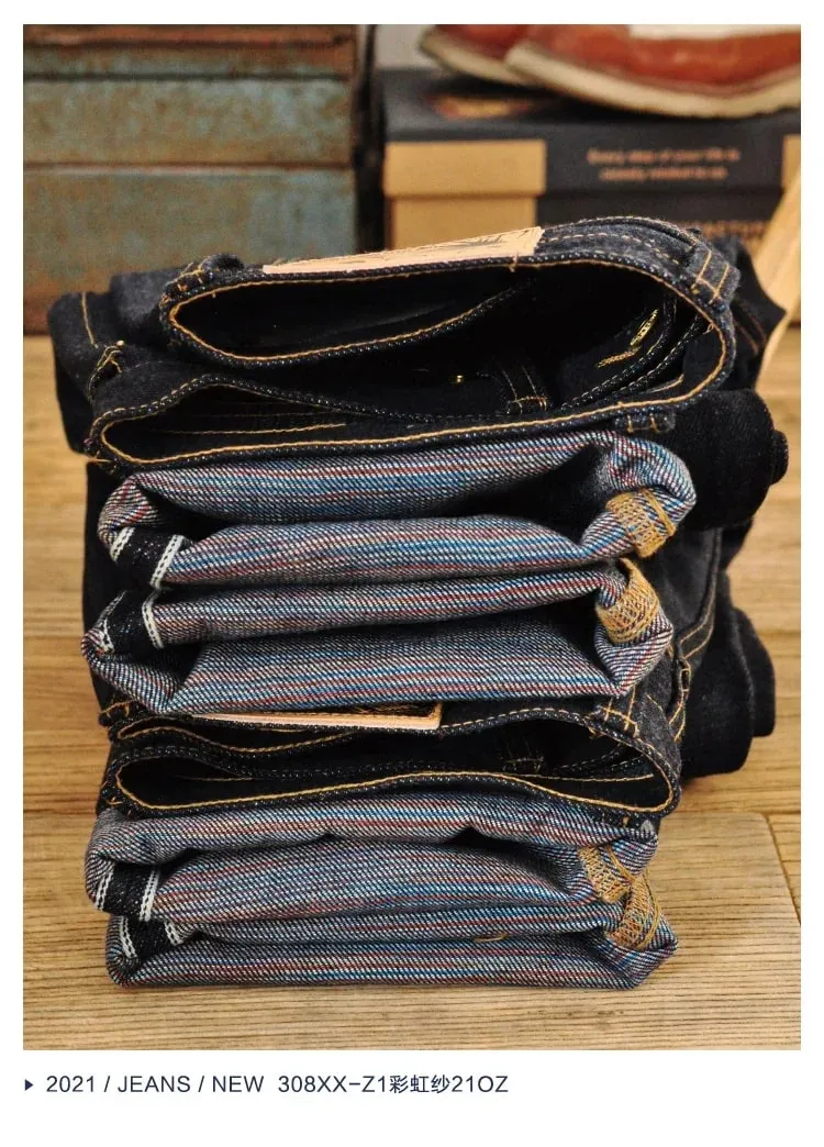 Mens Saucezhan Jeans 308XX-z1 21 oz Rainbow Selvedge Denim Vintage Raw for Men Sanforized Unwashed Heavyv