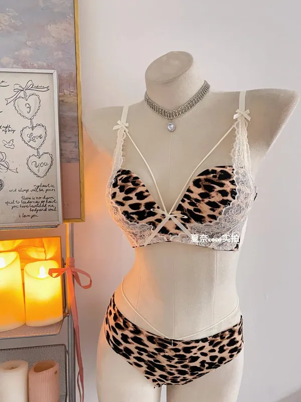 New Sexy Leopard Print Deep V Push Up Bra Lingerie Set for Women Small Bust Push Up Effect Anti Ptosis Daily Wear 32-38 Bra Set