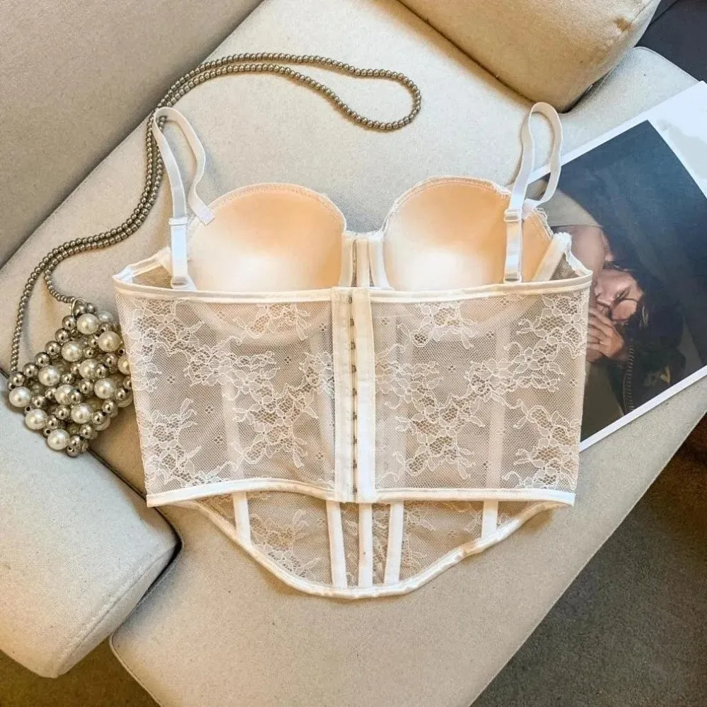 Mesh Flower Lace Corset Bottoming Shirt Spicy Girls Style Slim Lace Crop Top Fishbone Sleeveless Girl's Suspender Vest