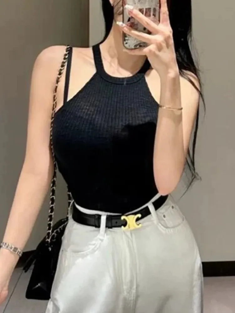 Halter Off Shoulder Crop Top Korean New Arrival Elegant Slim O-Neck Tank Top Women Fashion Figure Flattering Sleeveless Camis — image 4