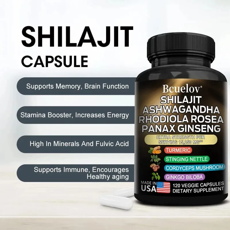8-in-1 Shilajit Pure Himalaya Capsules with Ashwagandha Rhodiola and Panax Ginseng To Support Brain Joint and Immune Health