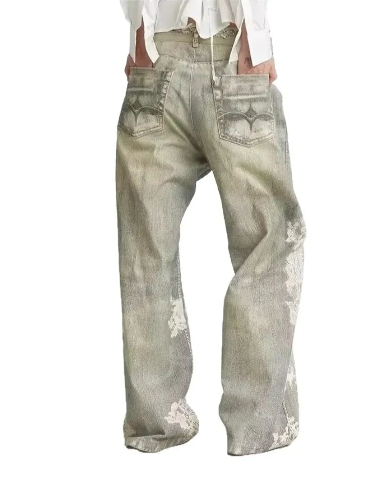 Mens Jeans Vintage Digital Print Distressed Denim Pants Harajuku Unisex Straight Leg Loose Fit Casual Streetwear Fashion Trend