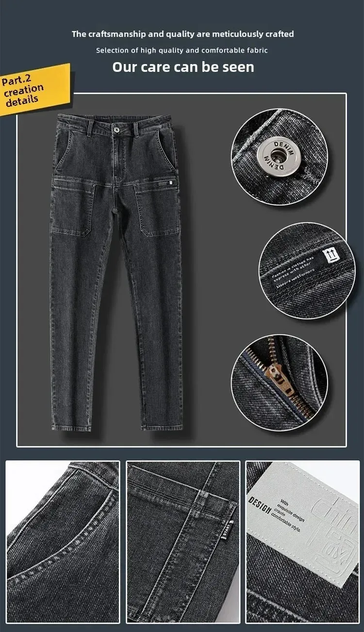 Spring Summer Thin Six Pocket Men's Jeans Elastic Straight Leg Casual Slim Fit Jeans Versatile Multi-Pocket Long Y2K Denim Pants