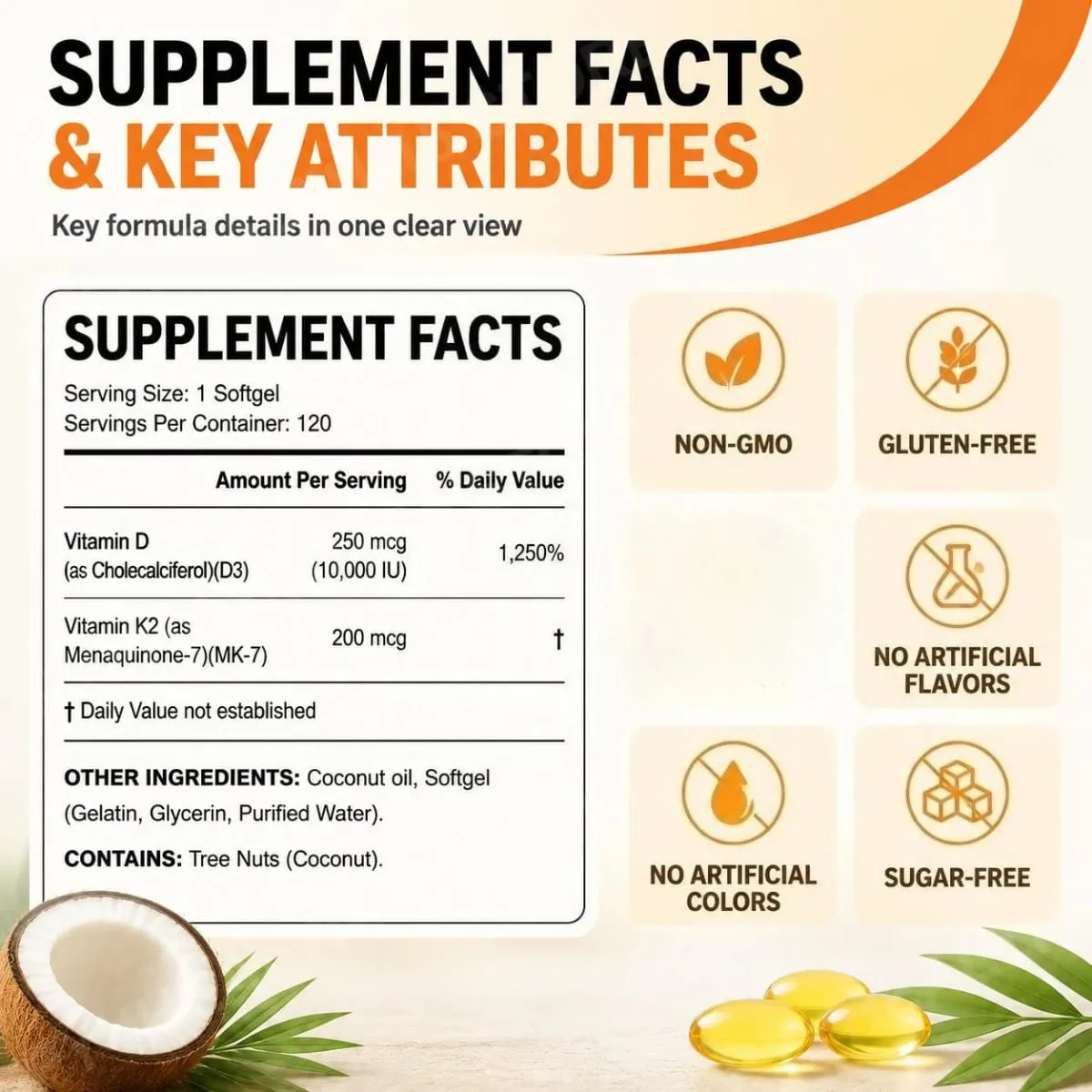 HatmanLabs Vitamin D3 & K2 Softgels with Coconut Oil Bone Health & Cardiovascular Support 120 Softgels Non-GMO Gluten-Free