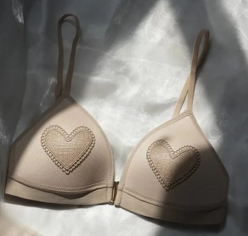 Red Lingerie Set Wireless Front Hook Bra French Triangle Thin Cup Embroidery Bra Set For Festival Soft Comfortable Daily Use