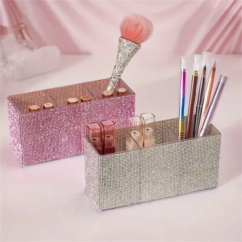 Sparkling Rhinestone Makeup Brush Organizer with 3 Compartment Large Capacity Makeup Brushes Lipstick Comestic Tools Storage Box