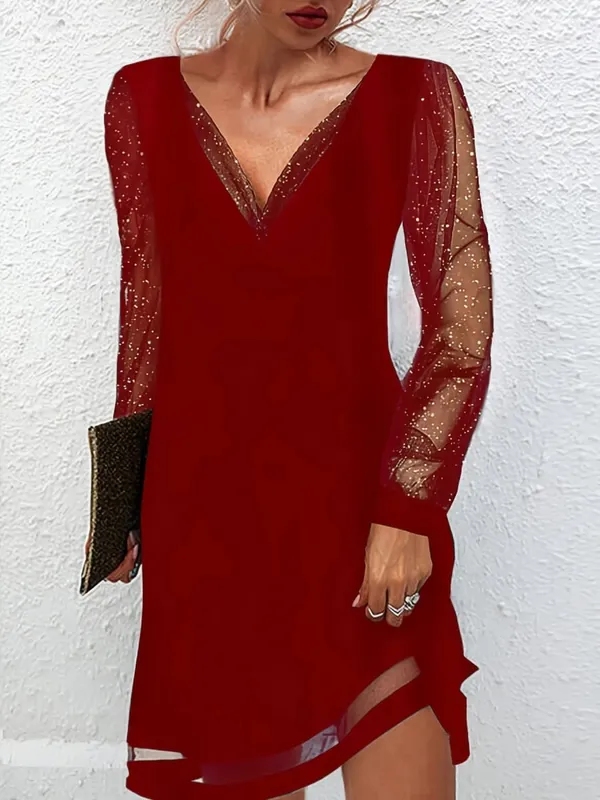 Women's Elegant V-Neck Mesh Patchwork Dress