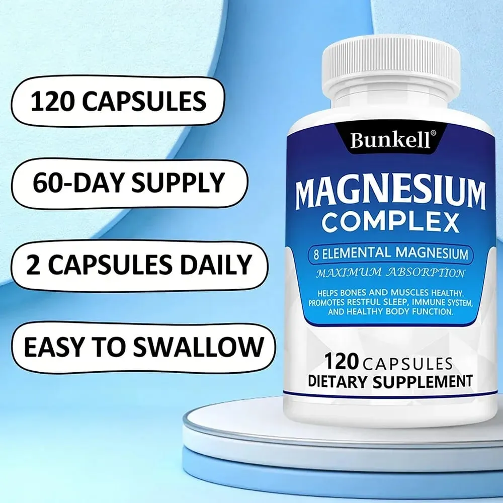 Magnesium Complex Supplement 8 Elemental 1000mg - for Bones Muscle Recovery Energy Vegan Non-GMO 120 Capsules
