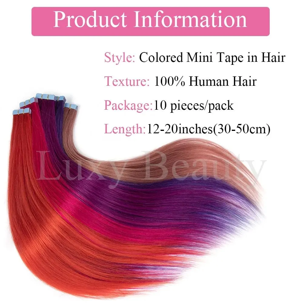 Colored Pink Mini Tape in Human Hair Extensions Invisible Seamless Tape in Hair 10pcs Pink Red Green Purple Blue Mini Tape Hair — image 5