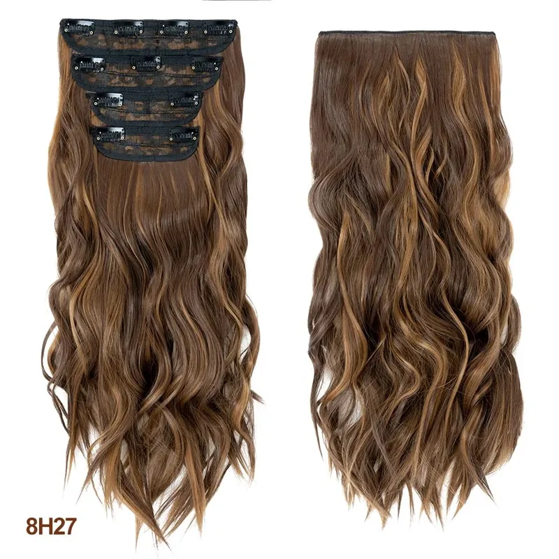 4 Pieces Set Clip In Hair Extensions Highlight Wavy Curly Long Synthetic Hairpieces For Women 22 Inch 180g Hair Clips Hair