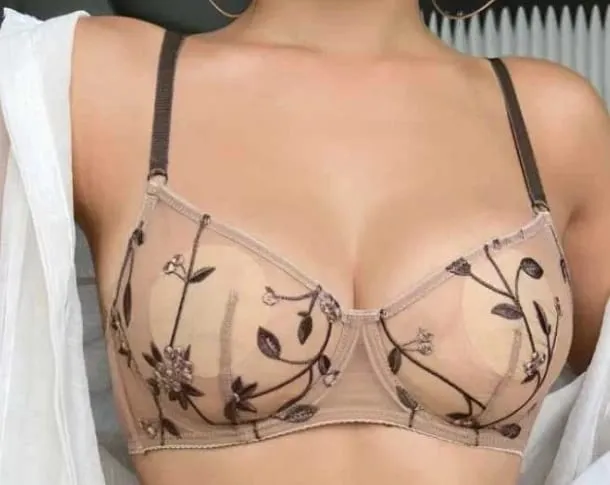 Popular Sheer Mesh Bra Set Transparent Lace Embroidery Underwire Anti‑Sag Push‑Up Minimizer Bra For Big Bust Women