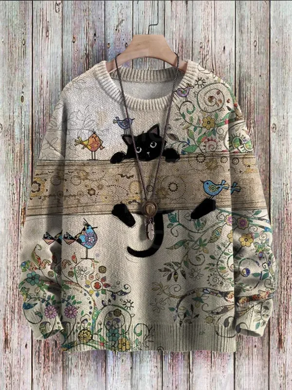 Corak Seni Burung Bunga Kucing Hitam yang comel Cetak Sweater Pullover Bersatu Kasual Sweater Klasik Pullover Lelaki Untuk Wanita