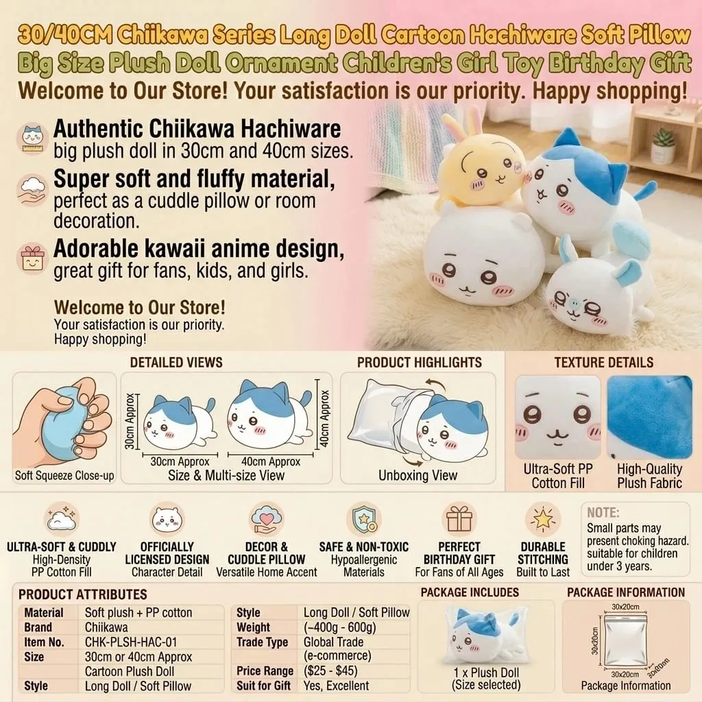 30/40CM Chiikawa Series Long Doll Cartoon Hachiware Soft Pillow Big Size Plush Doll Ornament Children's Girl Toy Birthday Gift