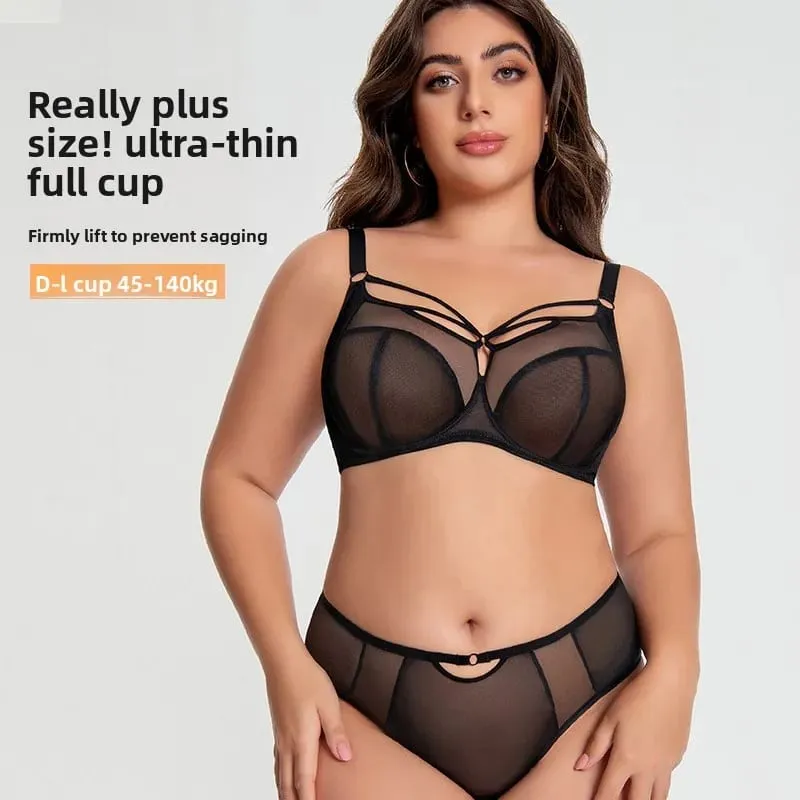 Plus Size Bra Set D-L Cup Minimizer Full Coverage Lingerie Anti Sagging Push Up Breathable Mesh High Waist Panties Women