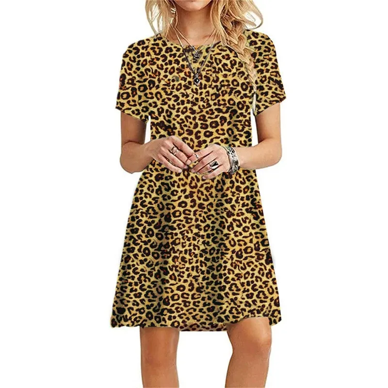 Leopard Pattern Women 3D Print Fashion Dresses Short Sleeve Summer Loose Casual Short Dress Streetwear Ladies Mini Dress — image 6