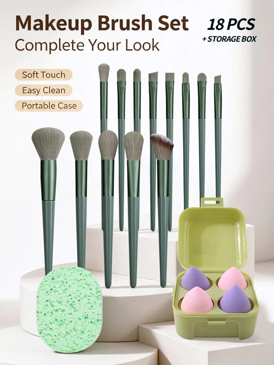 19Pcs Multifunctional Makeup Brush Set With Storage Box Soft Brushes With Makeup Puffs & Cleansing Sponge Complete Face Makeup