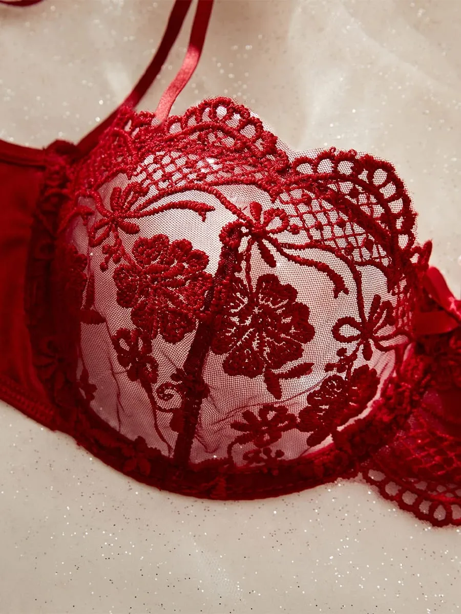 Lady Floral Embroidery Lace Lingerie Set Women Anti-sagging Bra And Brief Underwear Set Satin French Sexy Intimates Underwear