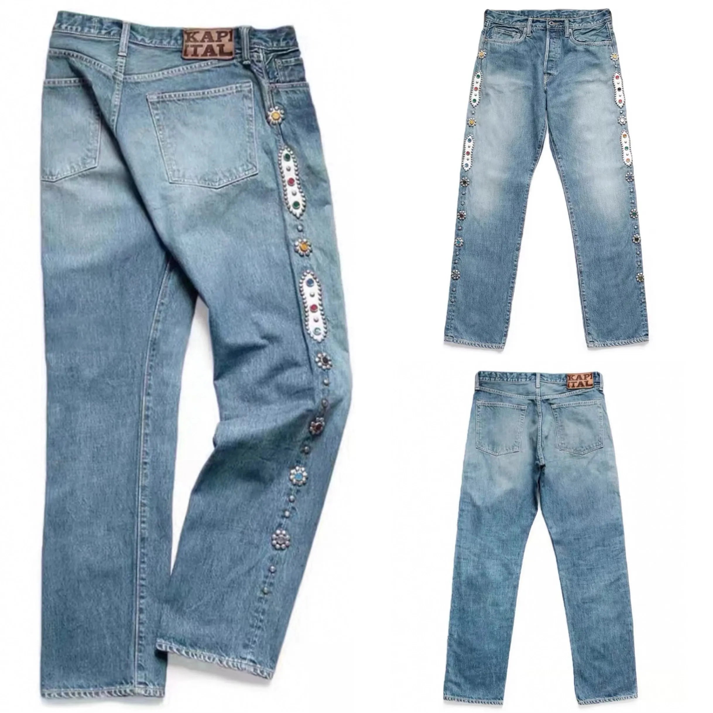 Hirata and Hiroshi 24SS Classic Rivet Set Diamond Vintage Jeans Casual Cowboy Gemstone Craft Men Pants — image 2