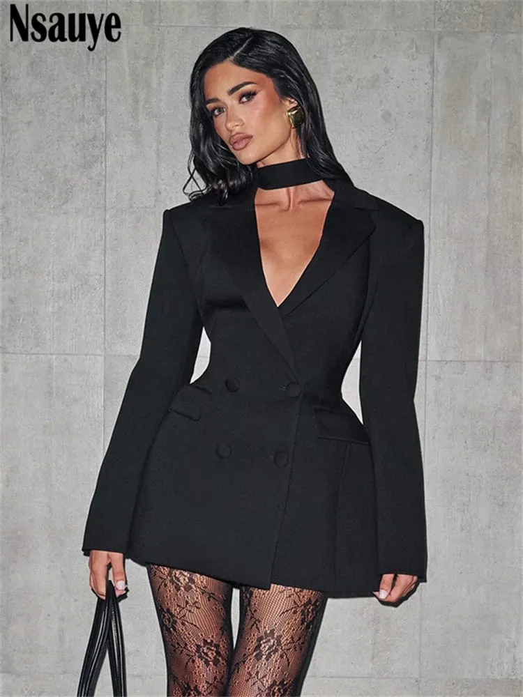 Nsauye Elegant A-Line Short Fashion Evening Black Blazer V Neck Dress Women Winter Clothes Outfits Sexy Night Club Party Dress — image 2